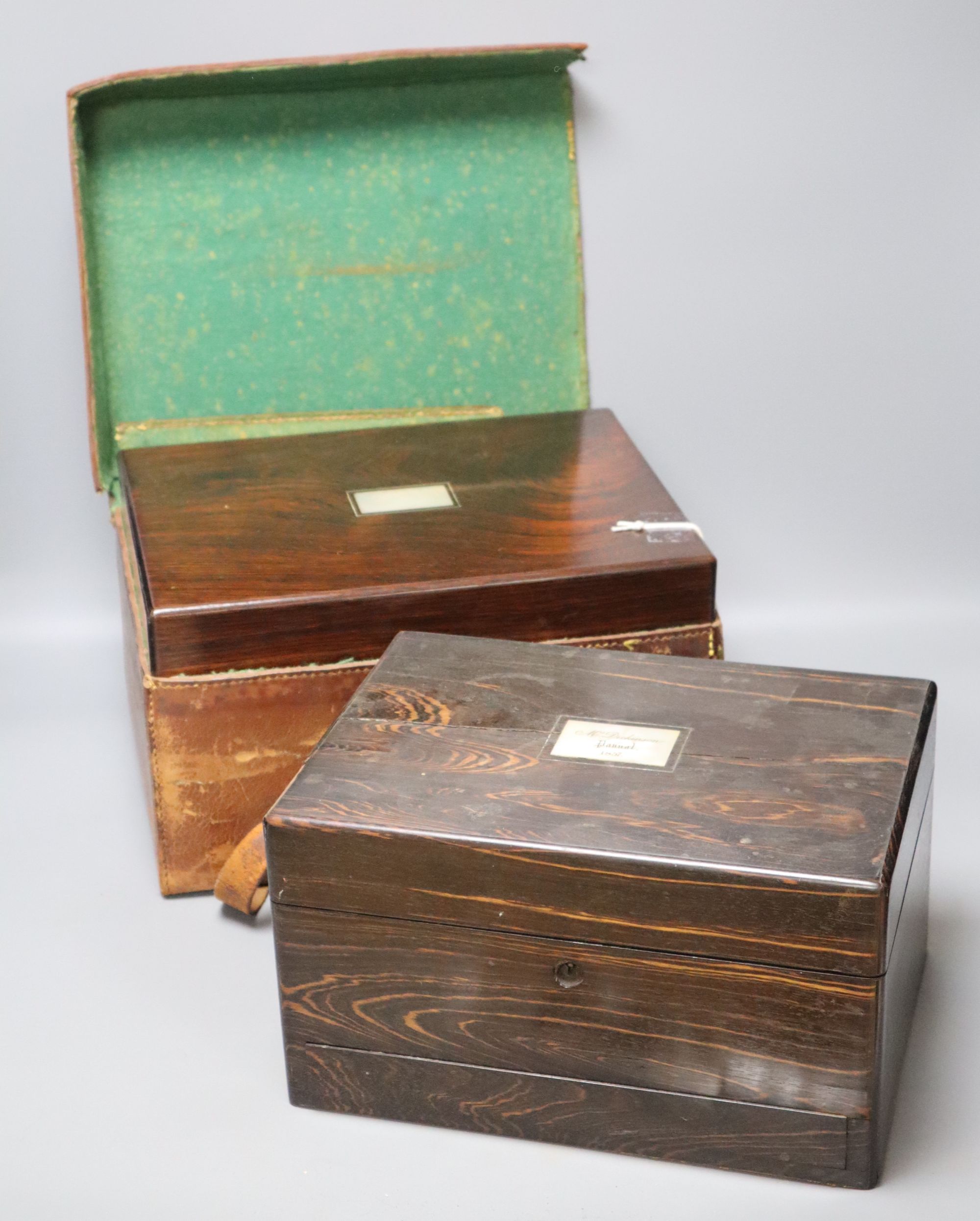 Two Victorian dressing cases, in rosewood with leather case, and coromandel, 30.5 and 28cm